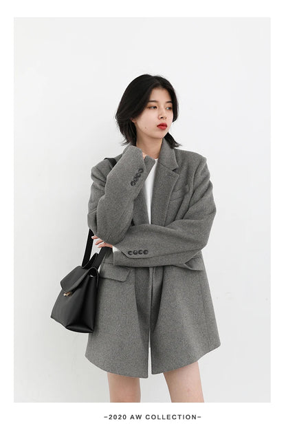 CHIC VEN Damenmantel aus Wollmischung, einfarbiger mittellanger Wollblazer, dicke, warme Damenbluse, Übermantel, Büro-Damenoberteil, Herbst/Winter