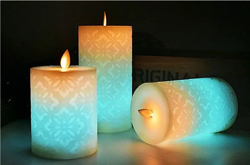 Flameless Candles with Remote Color Changing LED Candle Light Carved 3D Moroccan Designs Paraffin Candles Flickering Moving Wick