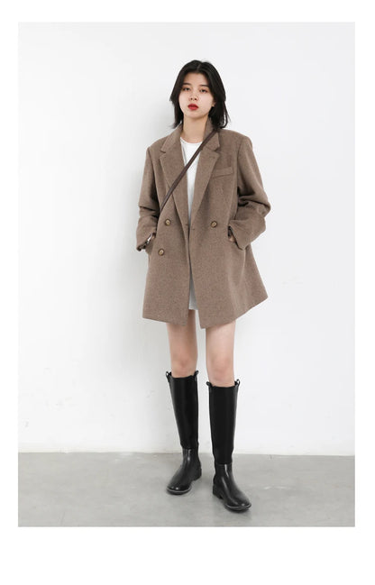 CHIC VEN Damenmantel aus Wollmischung, einfarbiger mittellanger Wollblazer, dicke, warme Damenbluse, Übermantel, Büro-Damenoberteil, Herbst/Winter