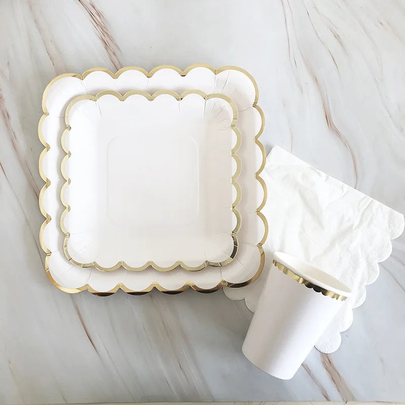 White & Gold Disposable Party Tableware, 8-Piece Packs