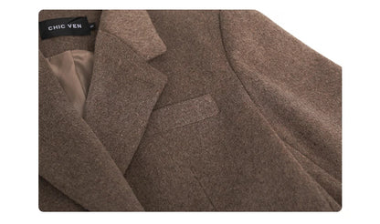 CHIC VEN Damenmantel aus Wollmischung, einfarbiger mittellanger Wollblazer, dicke, warme Damenbluse, Übermantel, Büro-Damenoberteil, Herbst/Winter