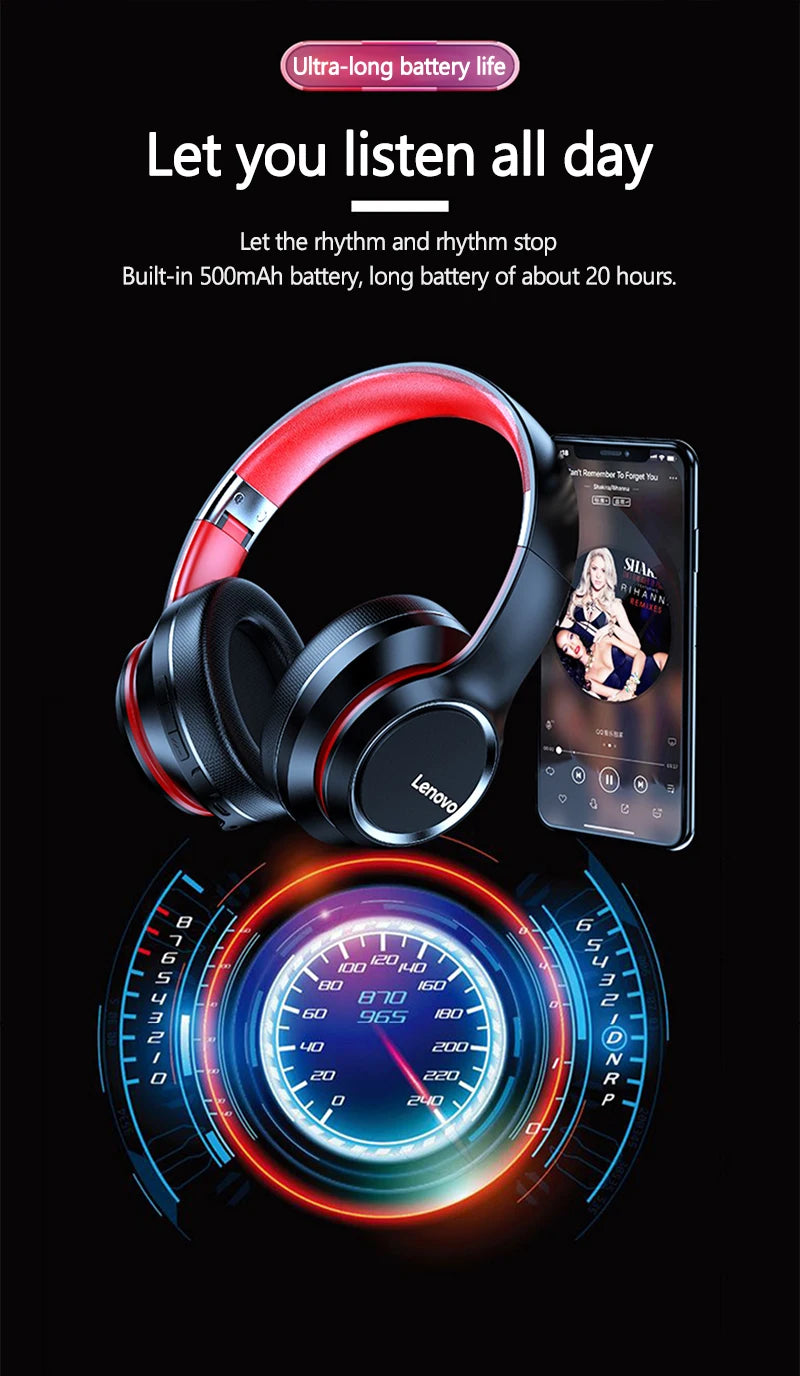Lenovo HD200 Foldable Bluetooth Headphones – Over-Ear Wireless Headset with Mic