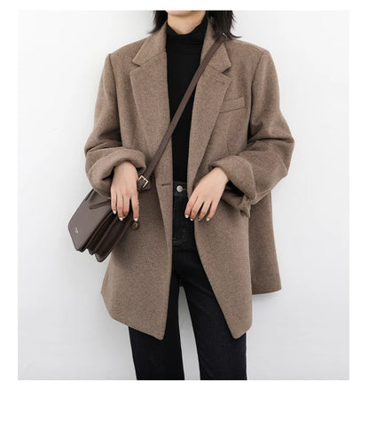 CHIC VEN Damenmantel aus Wollmischung, einfarbiger mittellanger Wollblazer, dicke, warme Damenbluse, Übermantel, Büro-Damenoberteil, Herbst/Winter