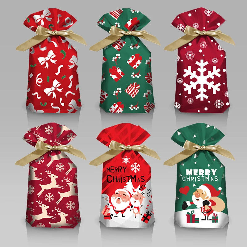 Christmas Drawstring Gift Bags – Santa, Snowflake & Reindeer Prints