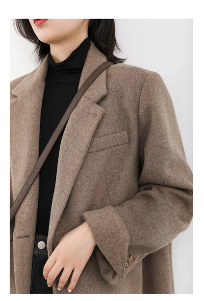 CHIC VEN Damenmantel aus Wollmischung, einfarbiger mittellanger Wollblazer, dicke, warme Damenbluse, Übermantel, Büro-Damenoberteil, Herbst/Winter
