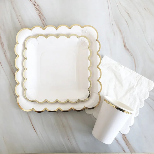 White & Gold Disposable Party Tableware, 8-Piece Packs