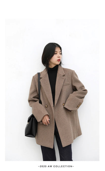 CHIC VEN Damenmantel aus Wollmischung, einfarbiger mittellanger Wollblazer, dicke, warme Damenbluse, Übermantel, Büro-Damenoberteil, Herbst/Winter