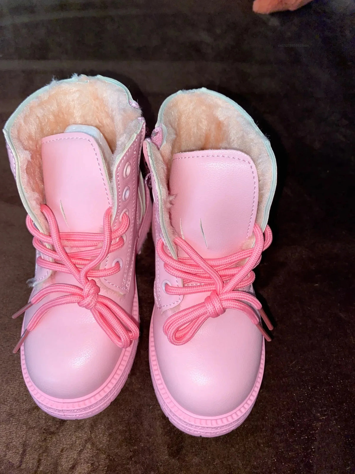 Black/pink Girls Leather Boots Velvet with Anti Slip Low Cut Side Zipper Winter Outdoor Girls Fashion Single Boot