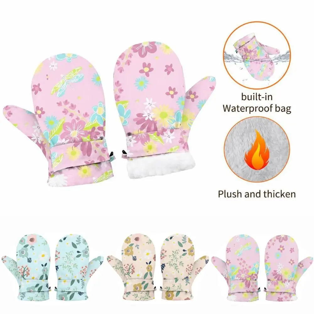 Kids' Floral Fleece-Lined Snow Mittens with Anti-Lost Clip