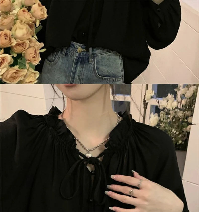 French Solid Color Leisure Women Sweet Solid Color V-neck Ruffled Edge Pullover Shirt Female Loose Fitting Lantern Sleeve Blouse