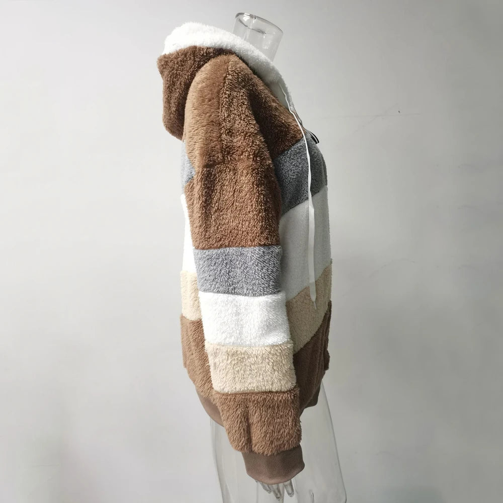 Winter Fashion Women's Coat 2026 Hooded Zipper Ladies Jacket Spliced Thick Cashmere Women Jacket Stitching Plaid Ladies Coats