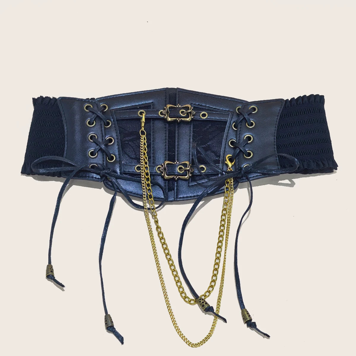 Lace-Up Corset Belt with Chain – Wide Faux Leather Waist Belt