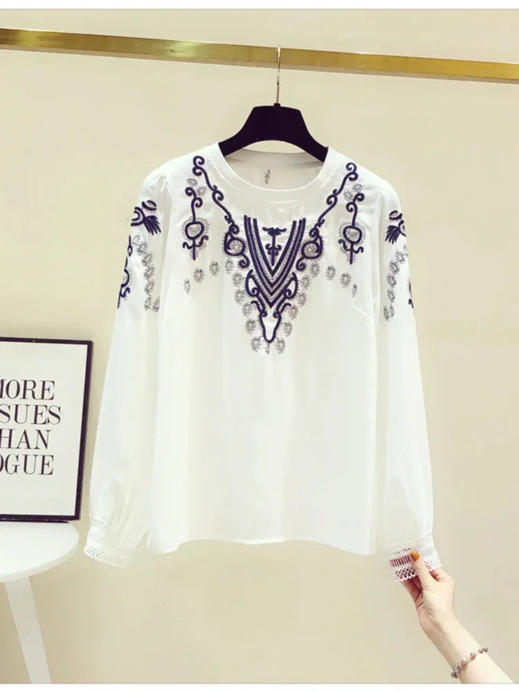 Korean Fashion Embroidery White Blouse Female Chiffon Female Long-sleeved Blusa Early Autumn New Shirt Tops KK1471
