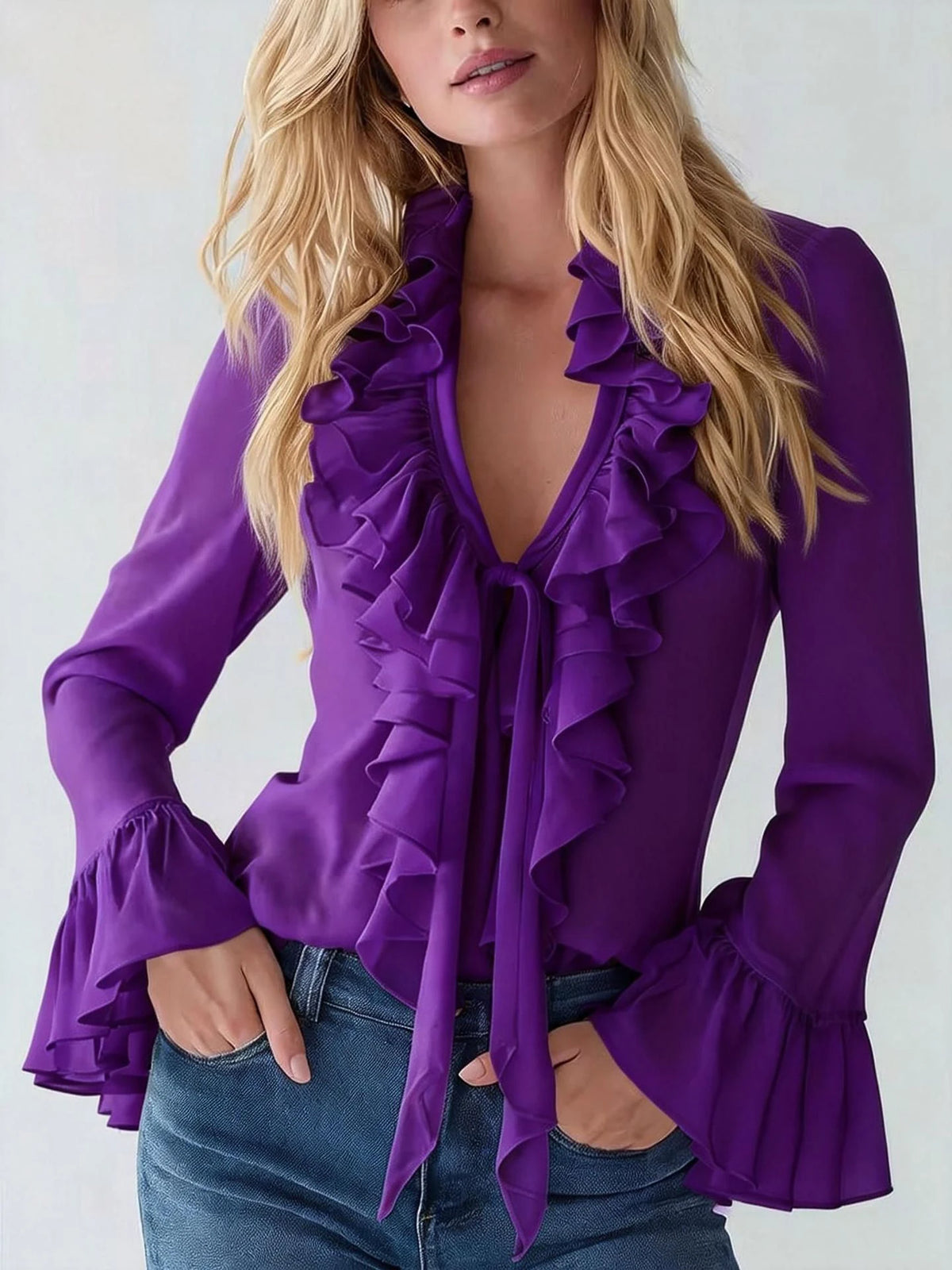 V-Neck Ruffle Sleeve Chiffon Blouse