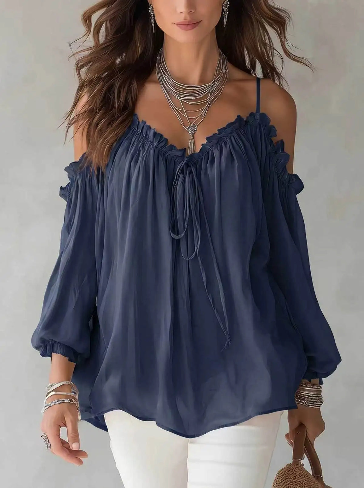 Elegant Off Shoulder Blouse Ruffled V Neck Lace Up Puff Sleeve Chiffon Shirts Loose Casual Summer Fashion Women Long Sleeve Top