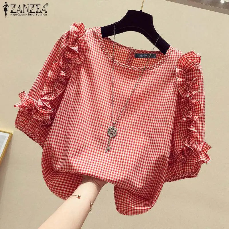 Ruffle-Trim Plaid Lantern-Sleeve Blouse