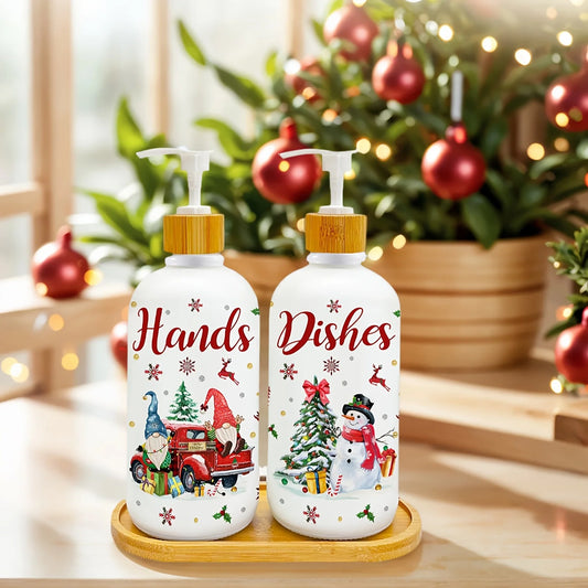 Christmas Gnome Soap Dispenser Set of 2 with Tray – Kitchen & Bathroom Holiday Decor