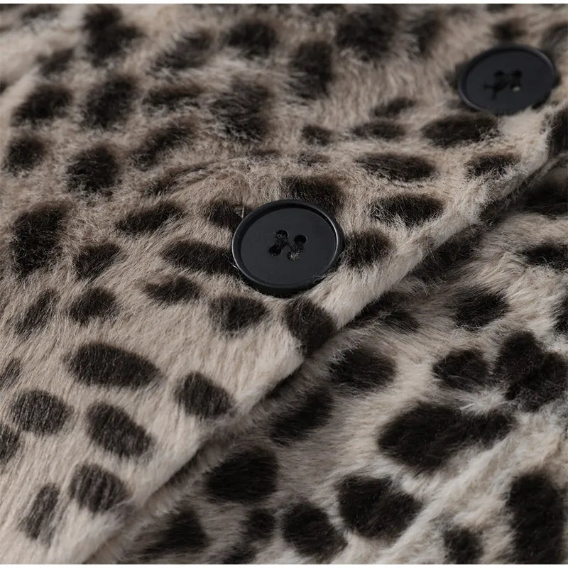 Street Leopard Print Fur Cuffs Jacket Women Stand Collar Full Sleeve Buttons Jackets 2026 Autumn Winter Fashion Lady Outwear