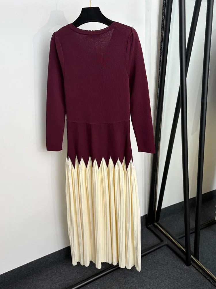 Women's V-Neck Patchwork Knit Midi Dress