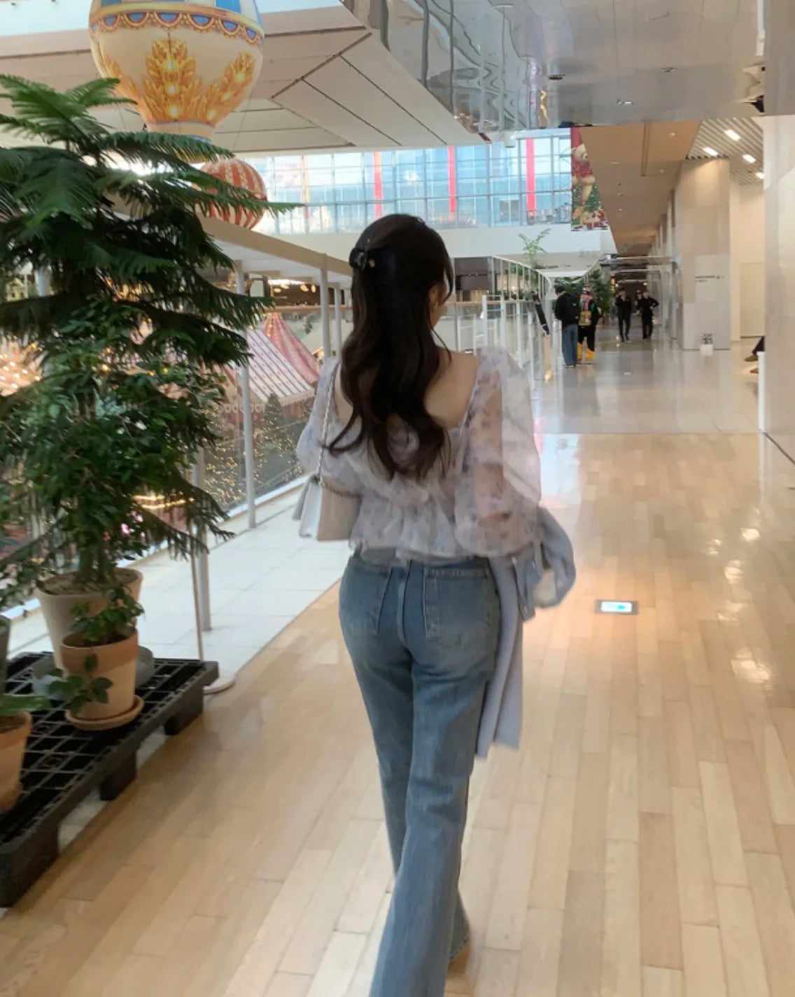 Chic Spring Women's Blouse Gentle Shoulder Bared Floral Bubble Sleeve Chiffon Top Korean Style Loose Fit Long Sleeve Short Le...