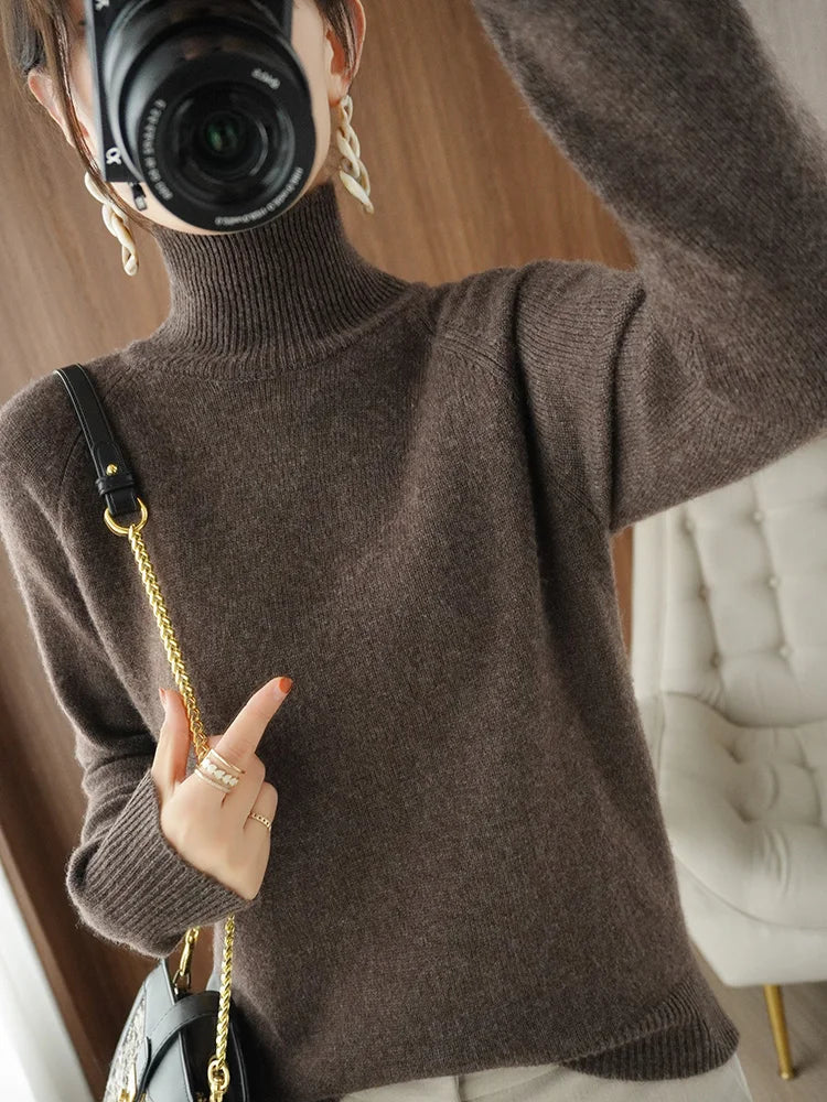 Fashion Basic Autumn Winter Merino Wool Sweater Mock Neck Cashmere Pullover Solid Color Soft Long Sleeve Basic Clothing Tops