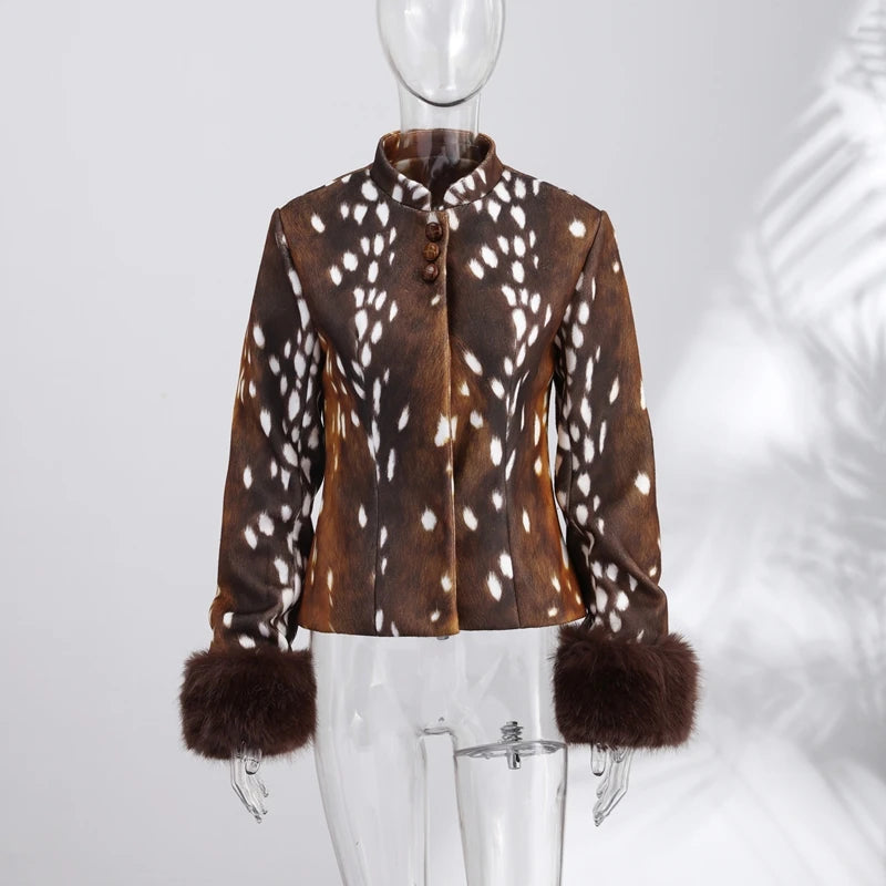 Street Leopard Print Fur Cuffs Jacket Women Stand Collar Full Sleeve Buttons Jackets 2026 Autumn Winter Fashion Lady Outwear