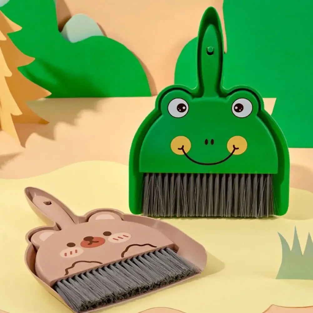 Two cartoon-themed brooms, one green with a face and one brown with a face, on a colorful background.