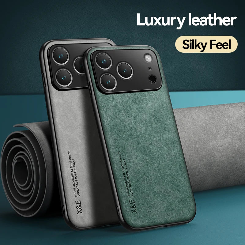 Luxury Leather Case For iPhone 17 18 16 15 14 13 12 11 Pro Max Plus 13 12 Mini Air 16E Cover With Metal Plate Support Car Hold