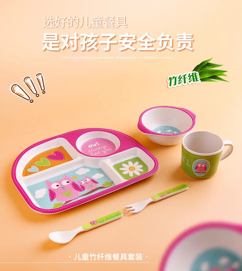 5-Piece Cartoon Bamboo-Fibre Kids' Tableware Set