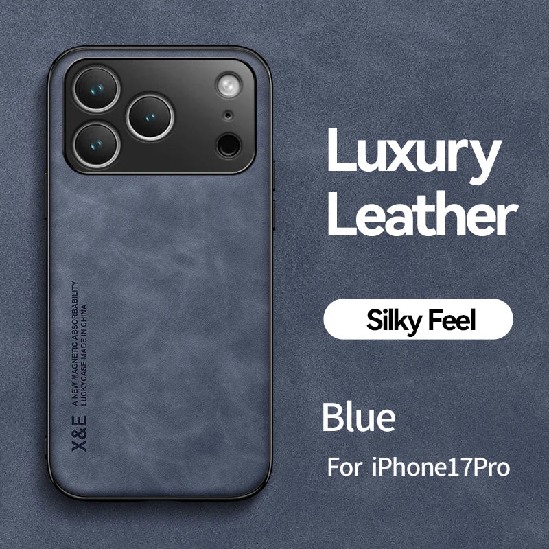 Luxury Leather Case For iPhone 17 18 16 15 14 13 12 11 Pro Max Plus 13 12 Mini Air 16E Cover With Metal Plate Support Car Hold