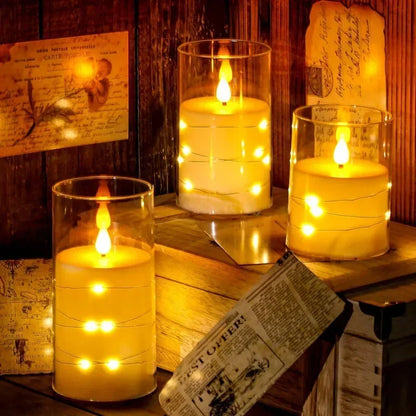 Flammenlose LED-Kerzen mit integrierten Sternen-Lichterketten | 3D-Flamme | Acryl | 3 Größen | Romantische Heimdekoration
