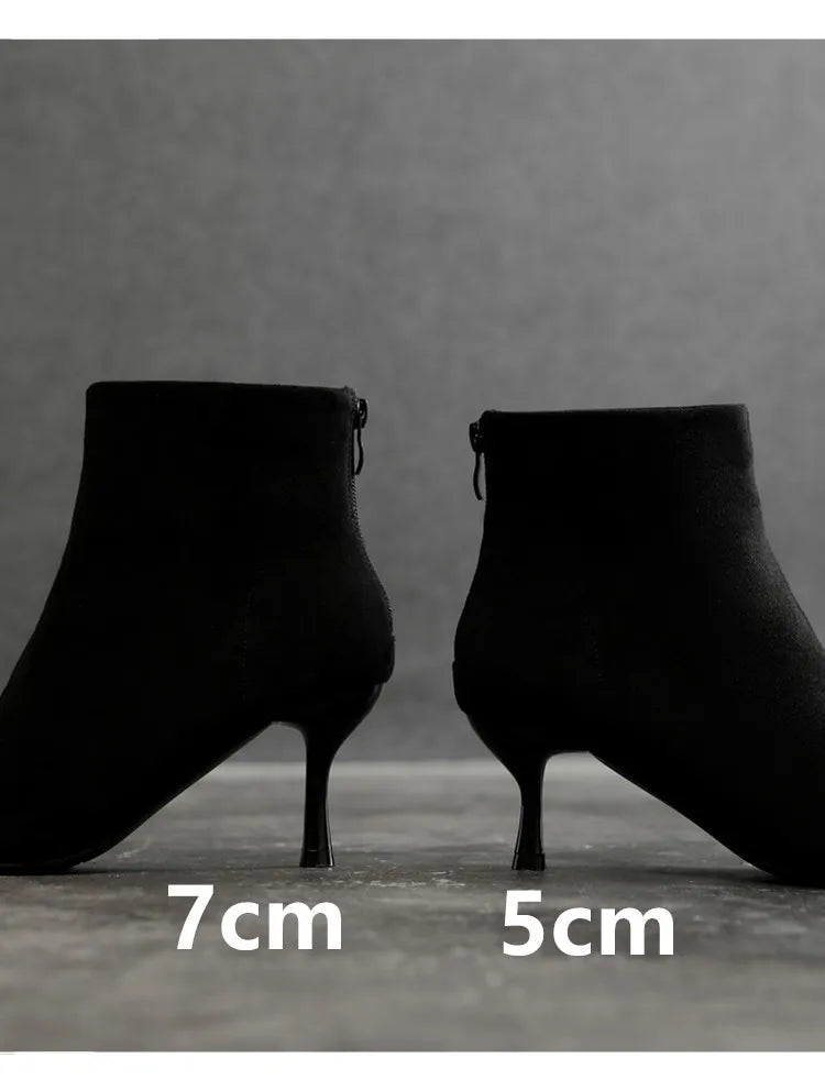 Suede Pointy Toe Ankle Boots Zipper Thin Heels Size 31-43 Winter Short Boots for Women High Heels Big Size High Heels