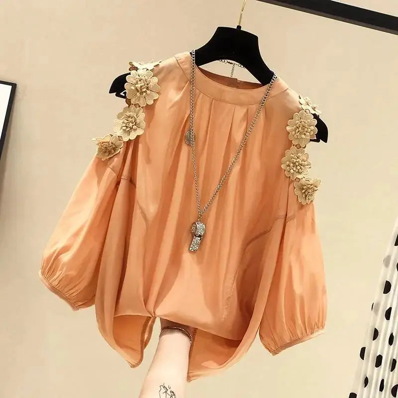Flower Three-dimensional Decoration Raglan Sleeve O-Neck Pullover Women's Blouse Shirt Female Fashion Blouses Women Clothing