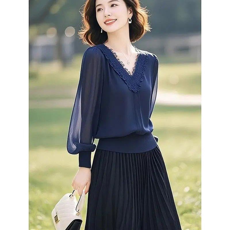Spring Autumn Office Lady Lace Patchwork Solid Color V-neck Long Sleeve Shirts Female Fashion Net Yarn Lantern Sleeve Blouse