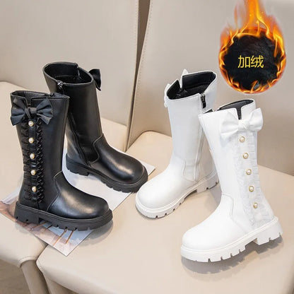 Girls' Waterproof Knee-High Boots with Bow & Lace