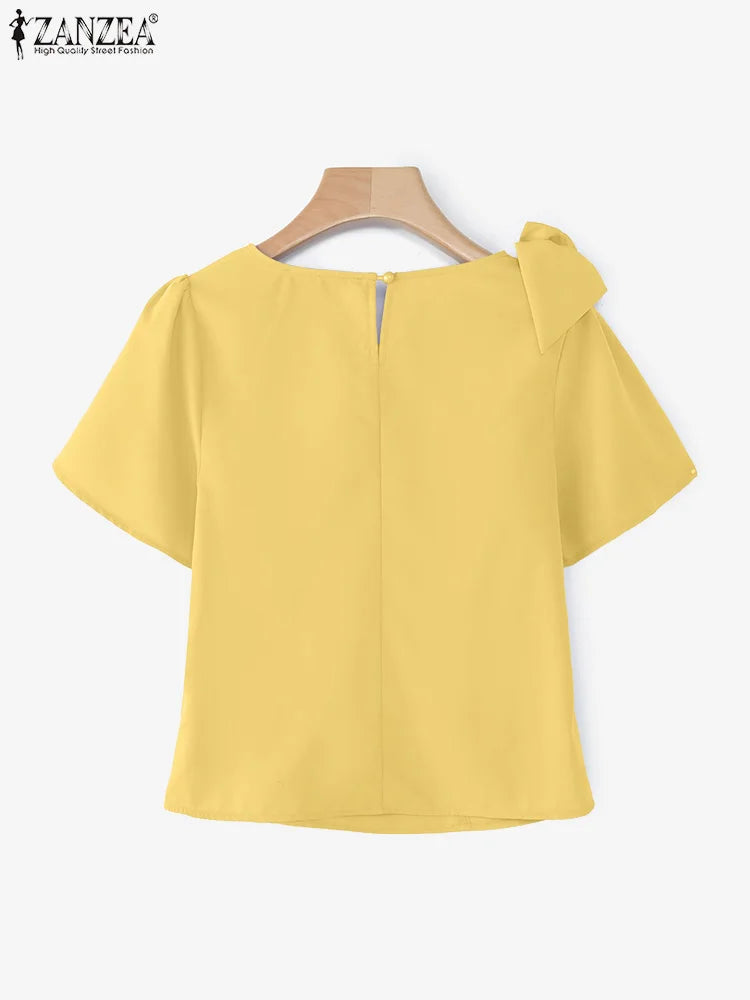 Women Blouse ZANZEA Elegant Office Lady Summer Short Puff Sleeve Bow Fashion Shirts 2025 Casual Solid Color Tops Tunic Blusas