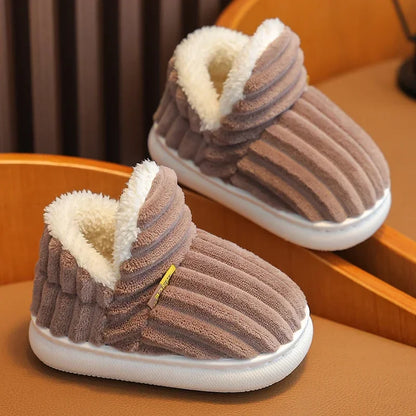 Kids' Striped Plush Slippers – Warm Non-Slip Heel-Wrap House Shoes