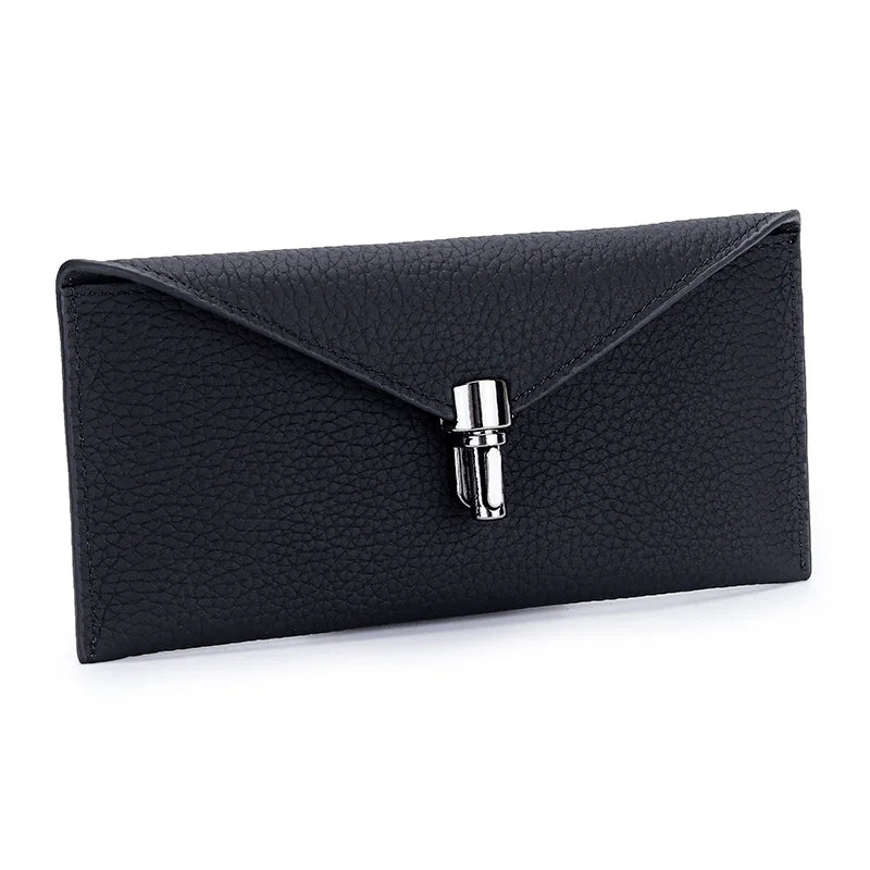 Genuine Leather Envelope Wallet for Women – Slim Long Clutch with Lock Clasp