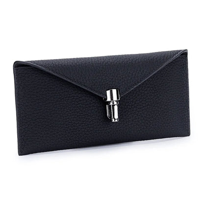Cartera tipo sobre de cuero genuino para mujer – Clutch largo y delgado con cierre de seguridad