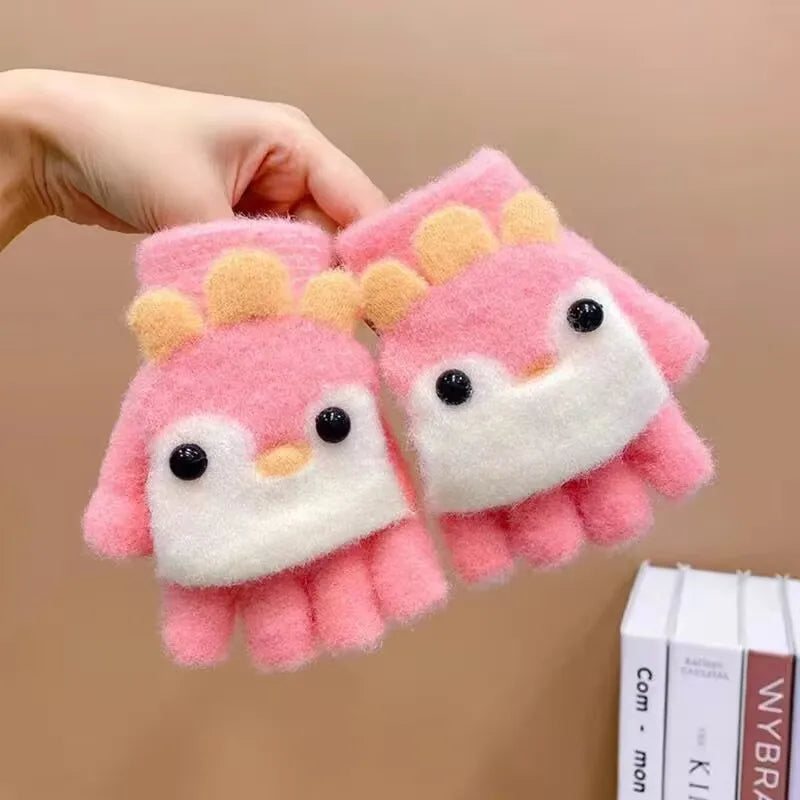 Kids' Penguin Flip-Top Mittens – Half-Finger Winter Gloves (Ages 2–6)