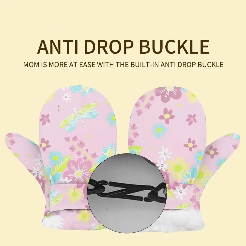 Kids' Floral Fleece-Lined Snow Mittens with Anti-Lost Clip
