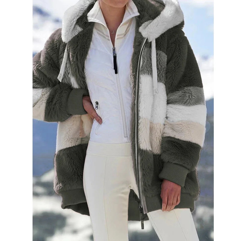 Winter Fashion Women's Coat 2026 Hooded Zipper Ladies Jacket Spliced Thick Cashmere Women Jacket Stitching Plaid Ladies Coats