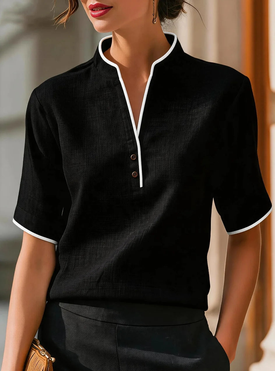 Women's V-Neck Button Detail Contrast Trim Blouse – Short Sleeve Casual Top