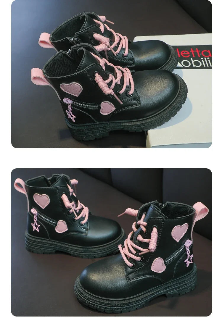 Black/pink Girls Leather Boots Velvet with Anti Slip Low Cut Side Zipper Winter Outdoor Girls Fashion Single Boot