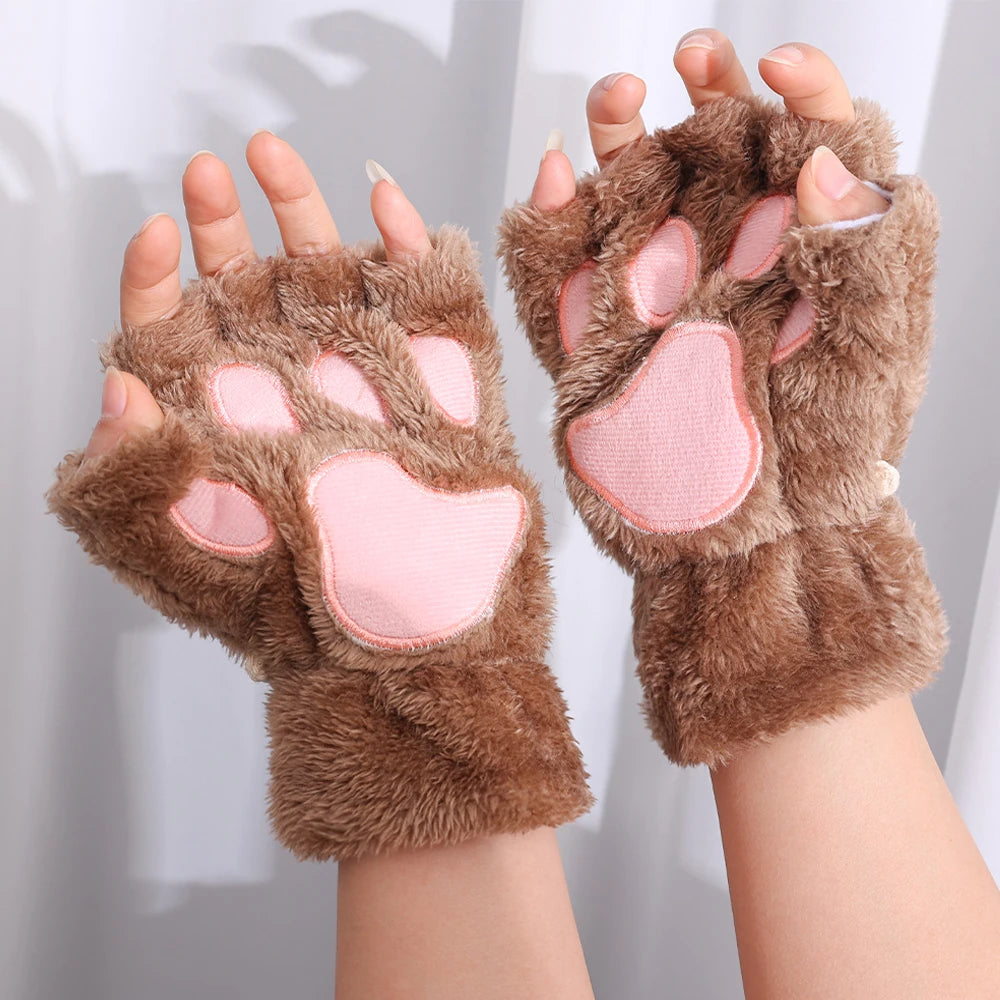 Women's Plush Cat Paw Fingerless Gloves