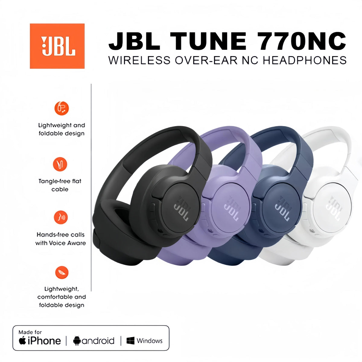JBL Tune 770NC Wireless Bluetooth Headphones Noise Cancelling Earphone Music Sports JBL engineers have meticulously crafted