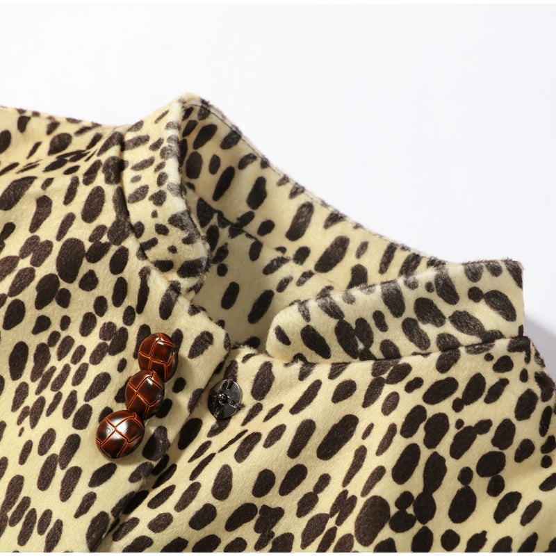 Street Leopard Print Fur Cuffs Jacket Women Stand Collar Full Sleeve Buttons Jackets 2026 Autumn Winter Fashion Lady Outwear