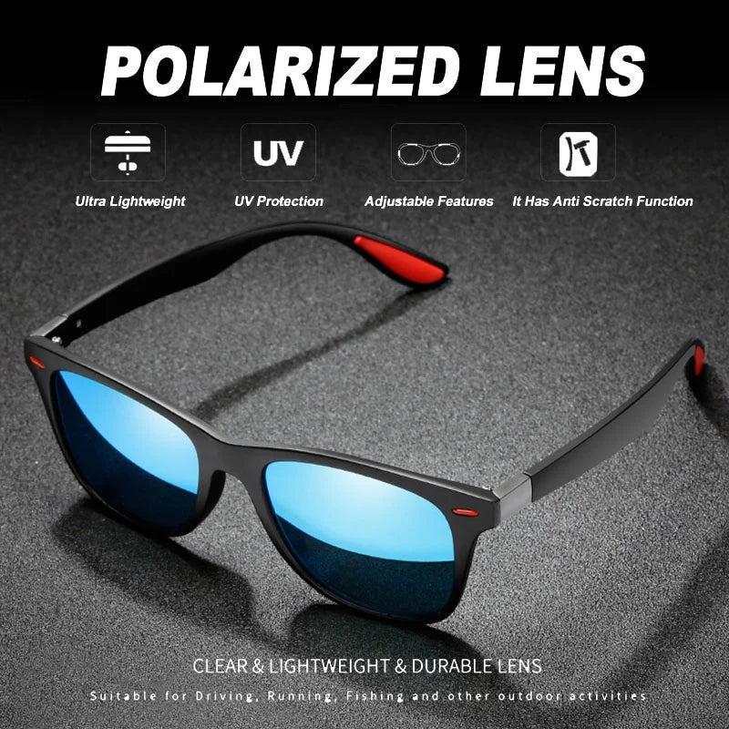 Sunglasses with blue lenses on a dark background, featuring text about polarized lenses and product features.