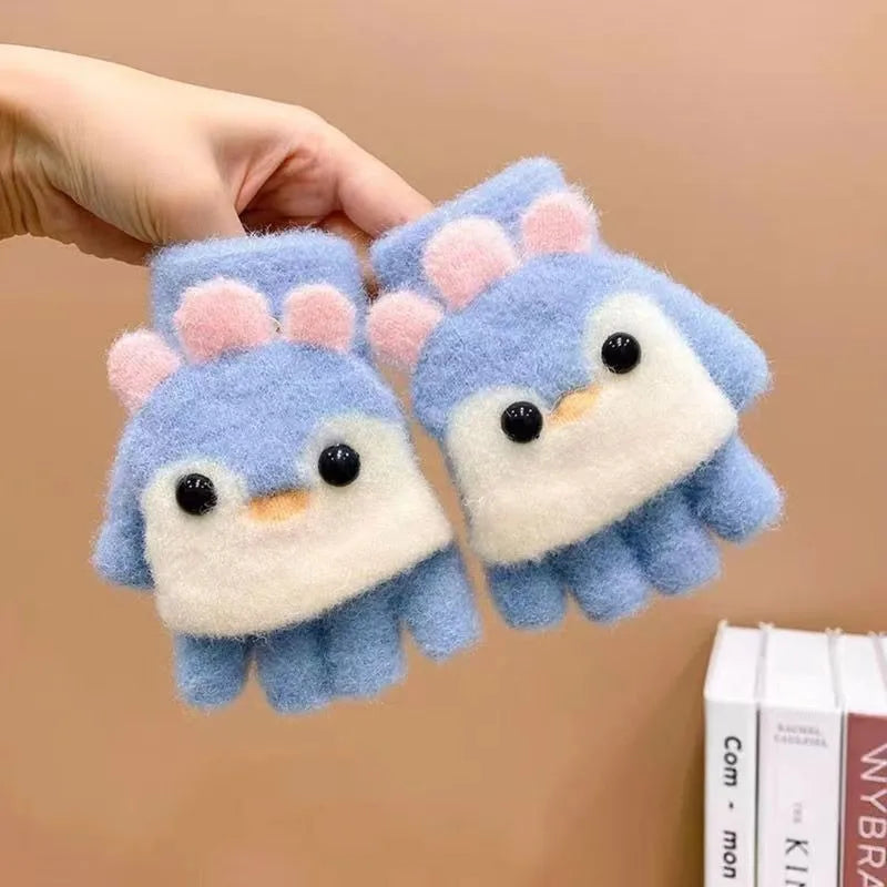 Kids' Penguin Flip-Top Mittens – Half-Finger Winter Gloves (Ages 2–6)