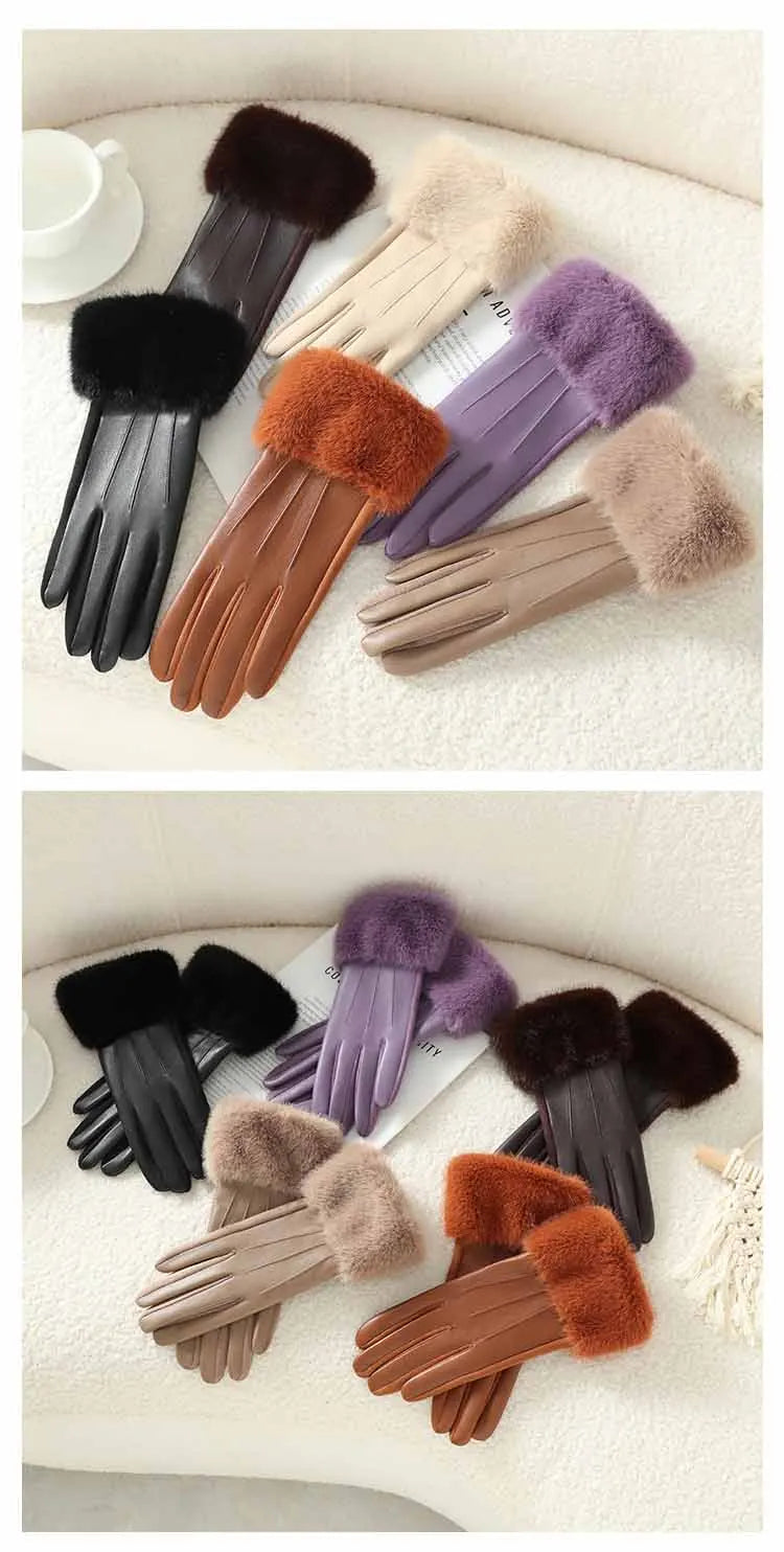 Women's Faux Leather Gloves with Faux Fur Cuff – Touchscreen